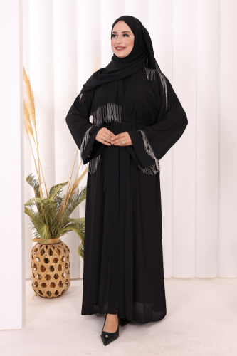 Zincir Püskül Detay Şallı Abaya 7887 Siyah - 2