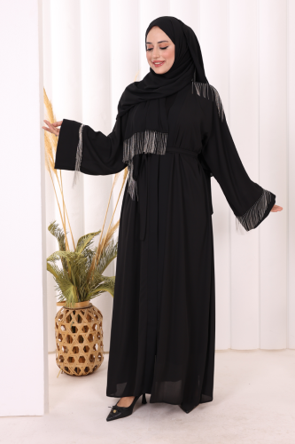 Zincir Püskül Detay Şallı Abaya 7887 Siyah - 3