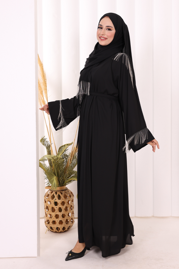 Zincir Püskül Detay Şallı Abaya 7887 Siyah - 4