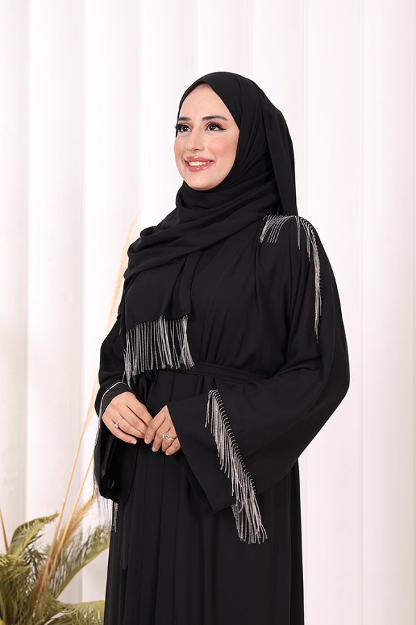 Zincir Püskül Detay Şallı Abaya 7887 Siyah - 6