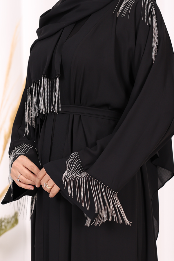 Zincir Püskül Detay Şallı Abaya 7887 Siyah - 7