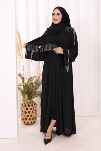 Zincir Püskül Detay Şallı Abaya 7887 Siyah - Bym Fashion