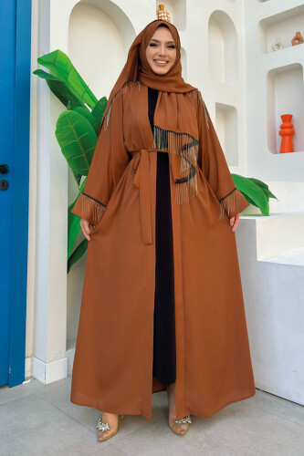 Zincir Püskül Detay Şallı Abaya 7887 Taba 