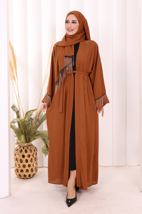 Zincir Püskül Detay Şallı Abaya 7887 Taba - 2