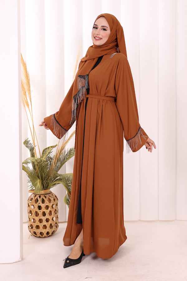 Zincir Püskül Detay Şallı Abaya 7887 Taba - 3
