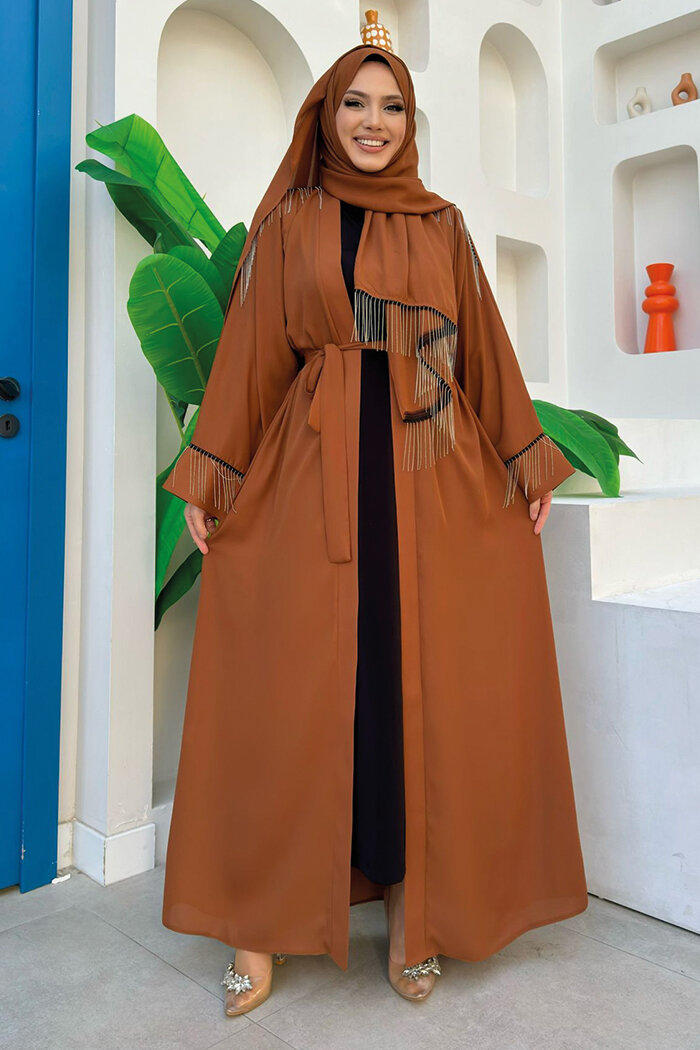 Zincir Püskül Detay Abaya ŞAL HEDİYE 7887 Taba - 7