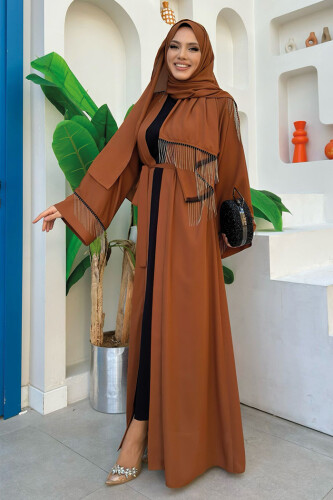 Zincir Püskül Detay Abaya ŞAL HEDİYE 7887 Taba - 9