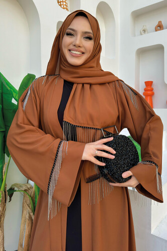 Zincir Püskül Detay Abaya ŞAL HEDİYE 7887 Taba - 10