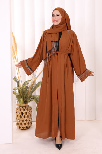 Zincir Püskül Detay Şallı Abaya 7887 Taba - Bym Fashion