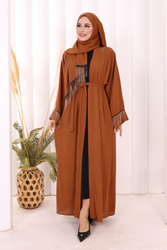 Zincir Püskül Detay Şallı Abaya 7887 Taba - 2