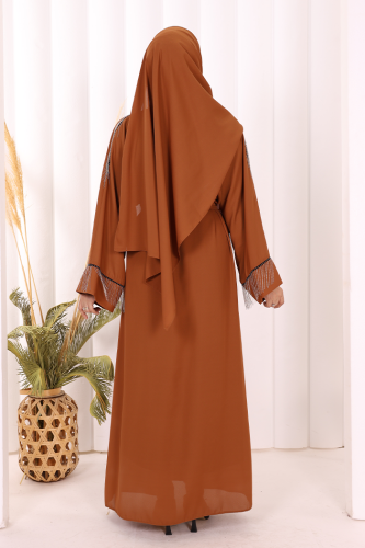 Zincir Püskül Detay Şallı Abaya 7887 Taba - 4