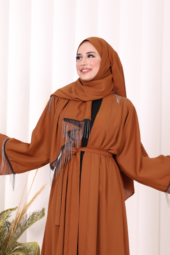 Zincir Püskül Detay Şallı Abaya 7887 Taba - 5