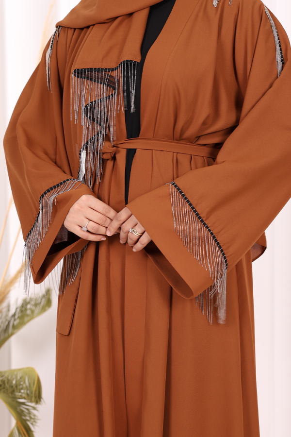 Zincir Püskül Detay Şallı Abaya 7887 Taba - 6