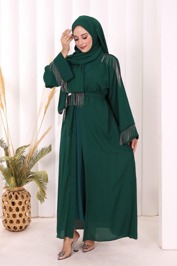 Zincir Püskül Detay Şallı Abaya 7887 Zümrüt - 2