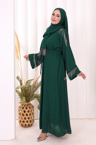 Zincir Püskül Detay Şallı Abaya 7887 Zümrüt - 3