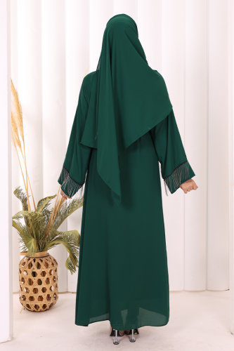 Zincir Püskül Detay Şallı Abaya 7887 Zümrüt - 4