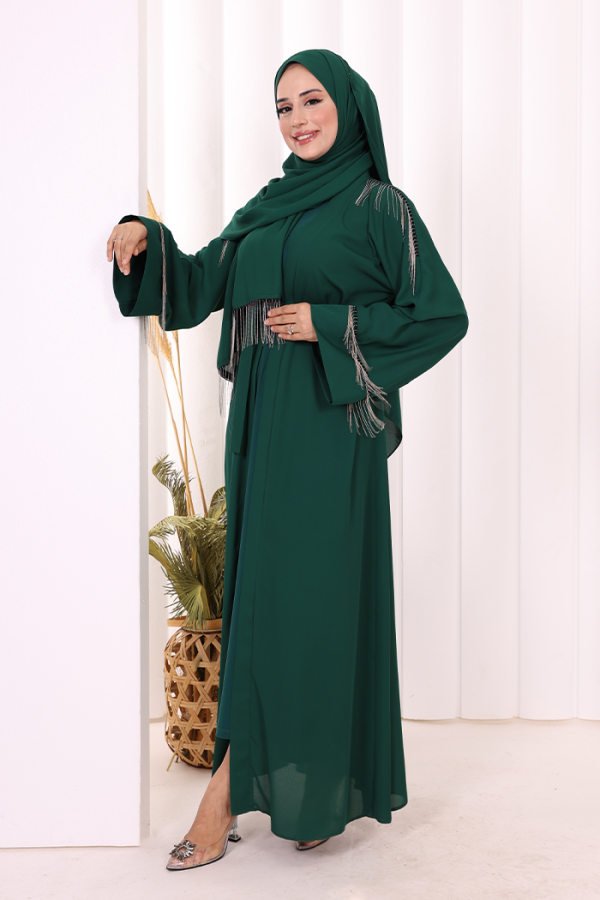 Zincir Püskül Detay Şallı Abaya 7887 Zümrüt - 5