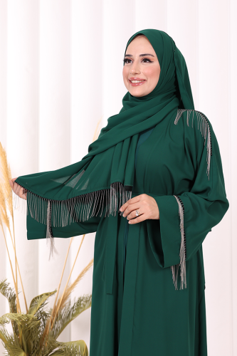Zincir Püskül Detay Şallı Abaya 7887 Zümrüt - 6