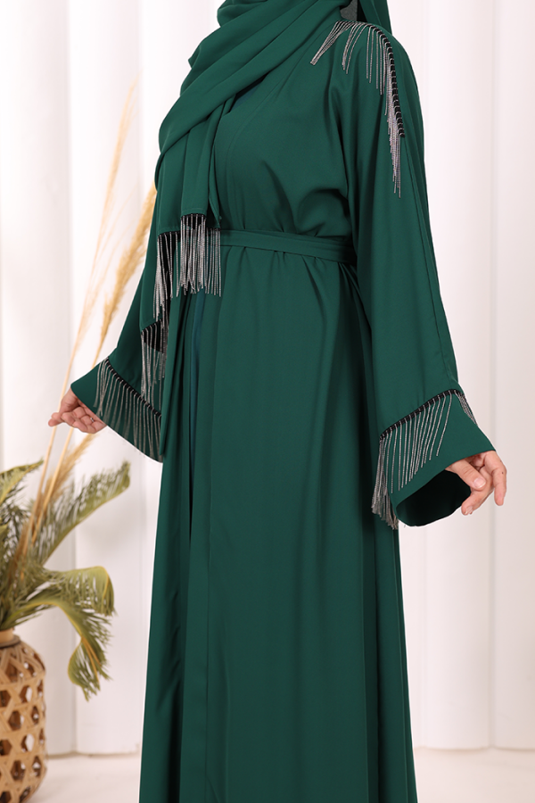 Zincir Püskül Detay Şallı Abaya 7887 Zümrüt - 7