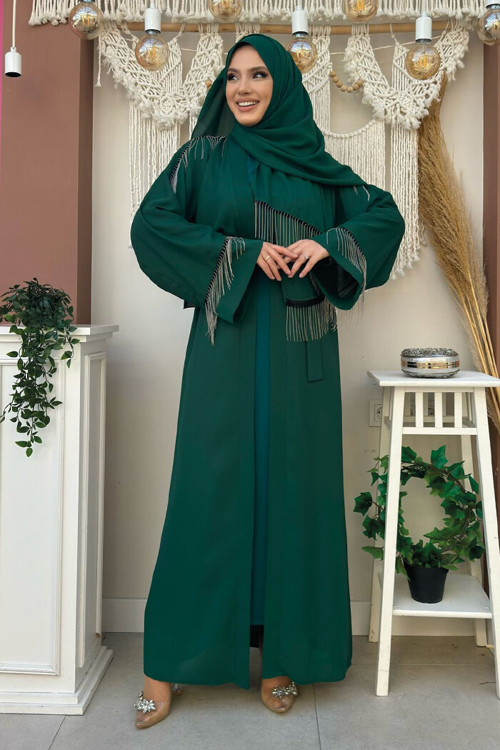 Zincir Püskül Detay  Abaya ŞAL HEDİYE  7887 Zümrüt - 8