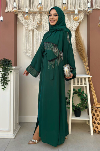 Zincir Püskül Detay  Abaya ŞAL HEDİYE  7887 Zümrüt - 10