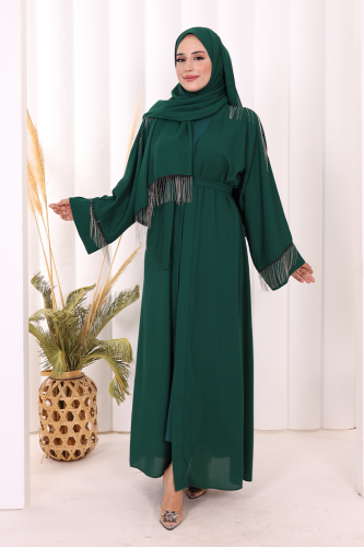 Zincir Püskül Detay Şallı Abaya 7887 Zümrüt - Bym Fashion