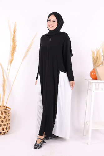 Pilise Taş Detay Fermuarlı Ferace 7892 Ekru - 2