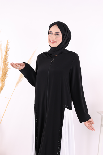 Pilise Taş Detay Fermuarlı Ferace 7892 Ekru - 5