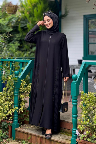 Pilise Taş Detay Fermuarlı Ferace 7892 Siyah - Bym Fashion