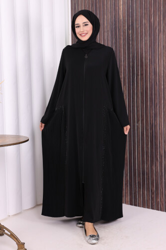 Pilise Taş Detay Fermuarlı Ferace 7892 Siyah - Bym Fashion