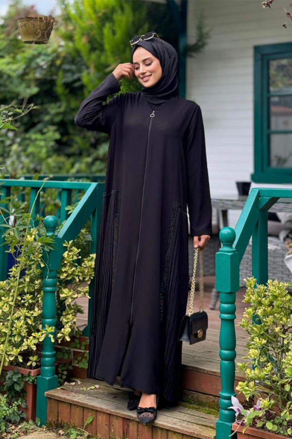 Pilise Taş Detay Fermuarlı Ferace 7892 Siyah - 1