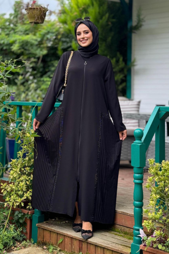 Pilise Taş Detay Fermuarlı Ferace 7892 Siyah - 2