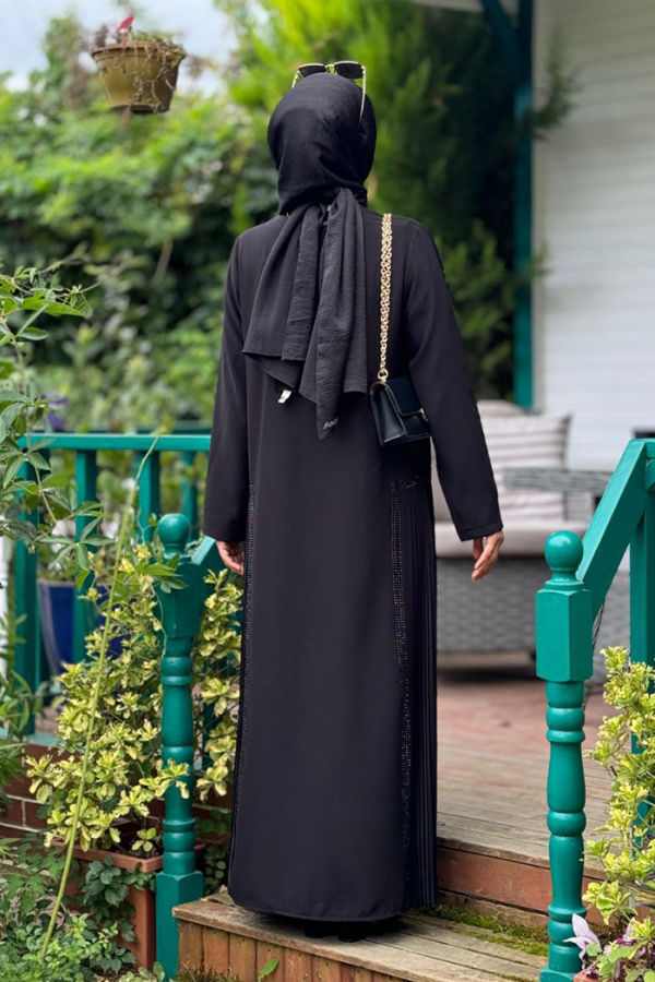 Pilise Taş Detay Fermuarlı Ferace 7892 Siyah - 4