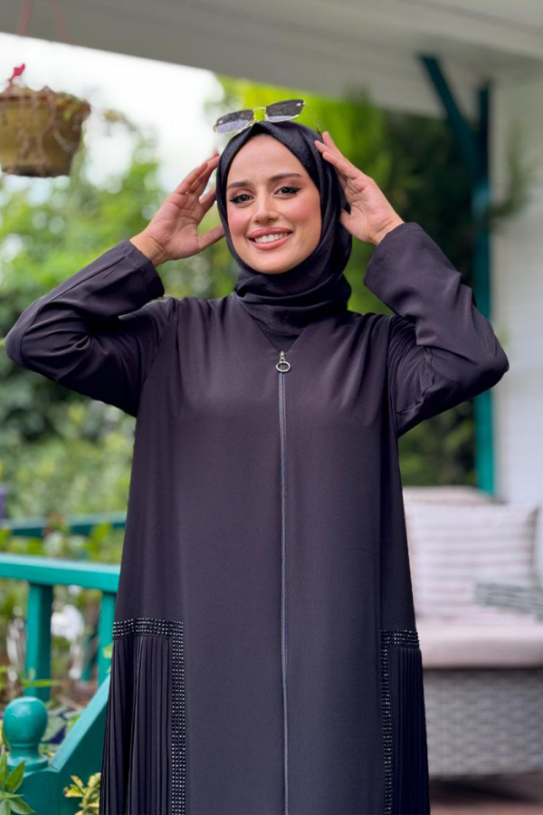 Pilise Taş Detay Fermuarlı Ferace 7892 Siyah - 5