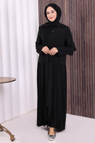 Pilise Taş Detay Fermuarlı Ferace 7892 Siyah - 2