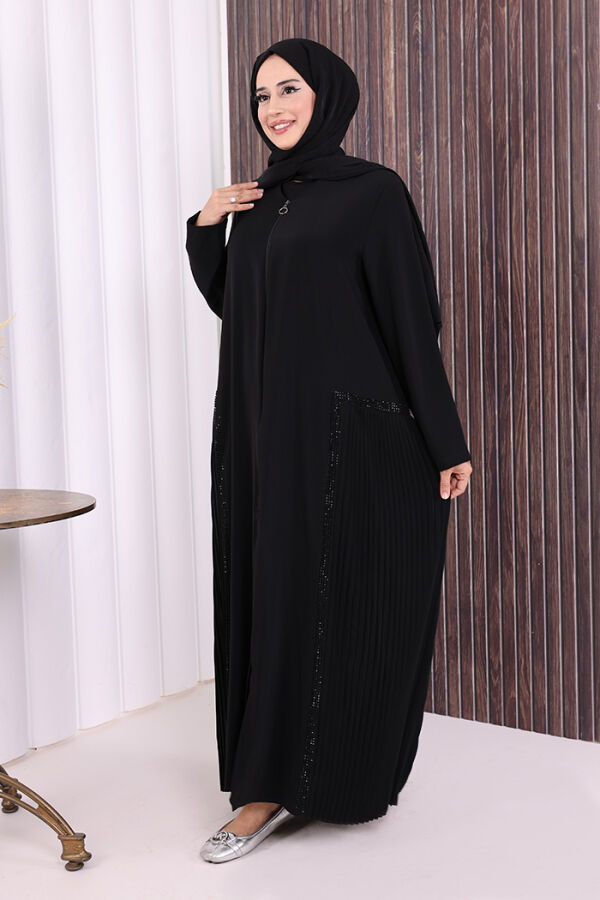 Pilise Taş Detay Fermuarlı Ferace 7892 Siyah - 3