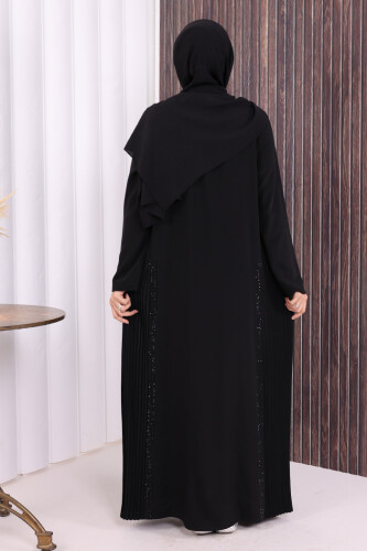 Pilise Taş Detay Fermuarlı Ferace 7892 Siyah - 4