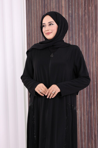 Pilise Taş Detay Fermuarlı Ferace 7892 Siyah - 5