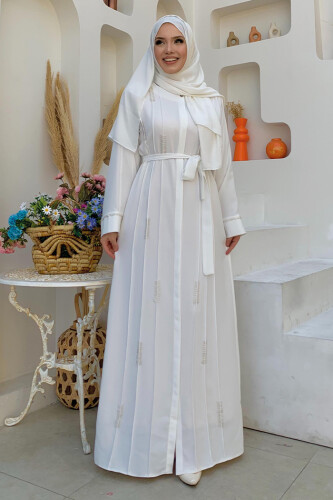 Boncuk İşlemeli Tam Boy Ferace 7894 Ekru - Bym Fashion