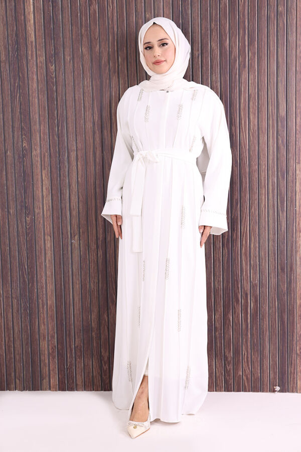 Boncuk İşlemeli Tam Boy Ferace 7894 Ekru - 1