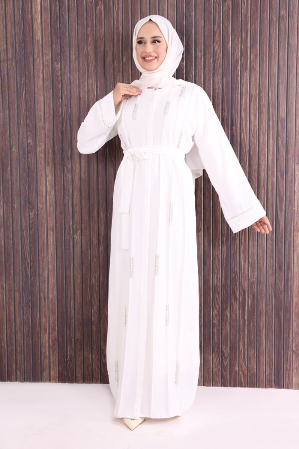 Boncuk İşlemeli Tam Boy Ferace 7894 Ekru - 2