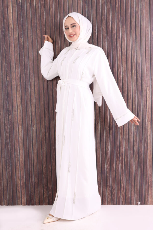 Boncuk İşlemeli Tam Boy Ferace 7894 Ekru - 3