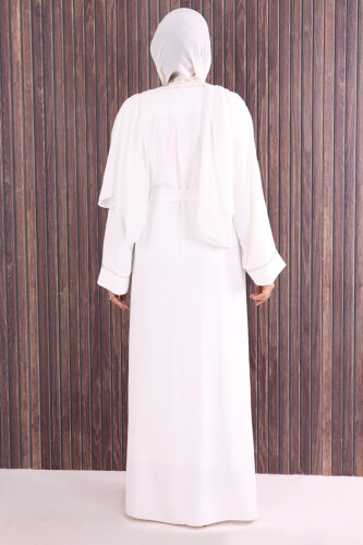 Boncuk İşlemeli Tam Boy Ferace 7894 Ekru - 4