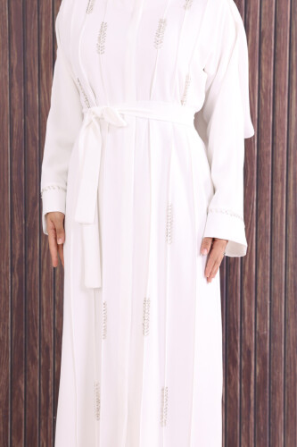 Boncuk İşlemeli Tam Boy Ferace 7894 Ekru - 6