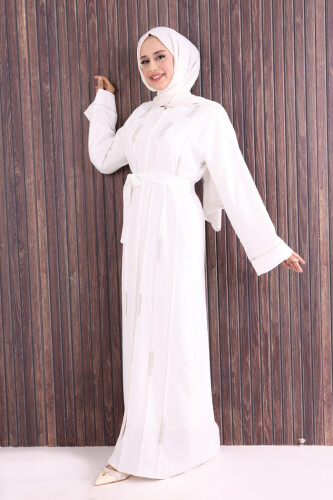 Boncuk İşlemeli Tam Boy Ferace 7894 Ekru - 3