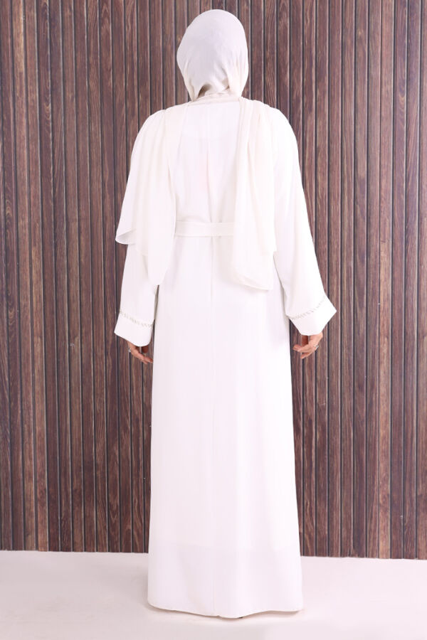 Boncuk İşlemeli Tam Boy Ferace 7894 Ekru - 4