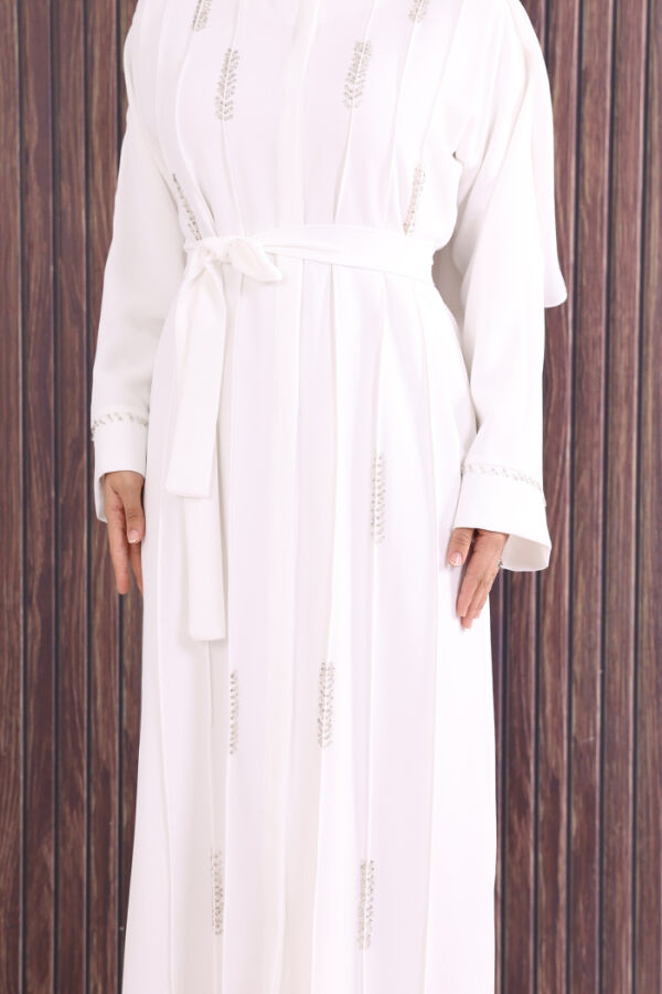 Boncuk İşlemeli Tam Boy Ferace 7894 Ekru - 6