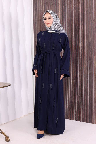 Boncuk İşlemeli Tam Boy Ferace 7894 Lacivert - Bym Fashion