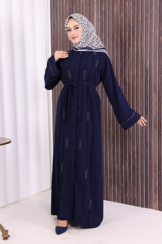 Boncuk İşlemeli Tam Boy Ferace 7894 Lacivert - 2