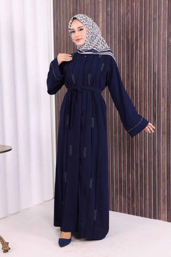 Boncuk İşlemeli Tam Boy Ferace 7894 Lacivert - 2